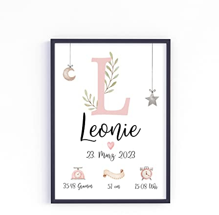 Geburtsposter personalisiert mit Namen und Geburtsdaten für Mädchen und Junge als Geschenk Babyzimmer Kinderzimmer Deko Babygeschenke Geburt Taufe Geburtsgeschenk (Mädchen)