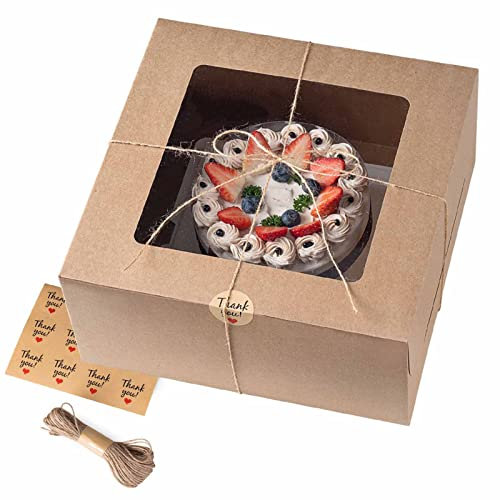 WVOPIAHY Tortenkartons Braunes Kraftpapier,Kuchenkarton mit Sichtfenster Kuchenboxen 31x31x13cm,12 Zoll Konditorkarton, Tortenbox(8 Stück mit Schnur und Aufkleber)