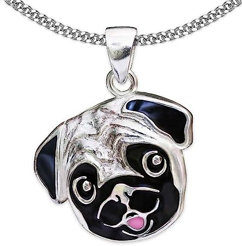 CLEVER SCHMUCK Mops Halskette großer Anhänger massiv 18 mm plastisches Gesicht bunt lackiert Kette Panzer 45 cm Sterling Silber 925 im Etui weiß