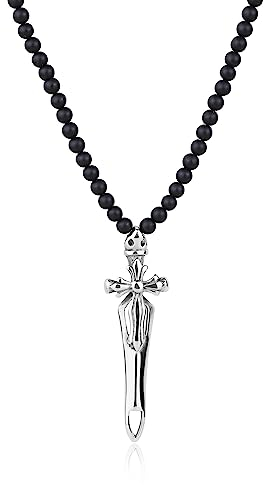 GAVU Herren Halskette aus Mattschwarzem Onyx mit Steinperlen und Schwert Kreuz Anhänger