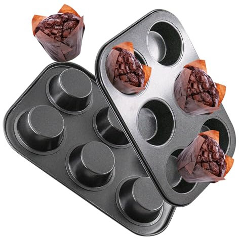 DRAONGYE 2 Packs Round Muffin Baking Pan, Premium Steel Muffin Pan for Baking, Cupcake Tin Cheesecake Pans, Bakeware Muffin Top Pan (6 Cups,Black)