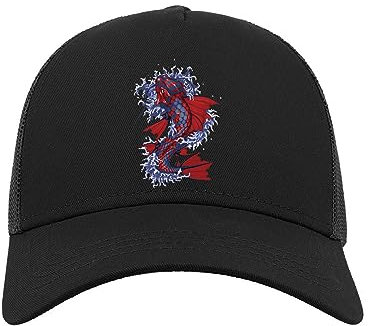 Lauthings Japanische Koi Fisch Illustration Nishikigoi Amur Karpfen Unisex Baseball Verstellbar Snapback Mesh Trucker Cap Sport, Schwarz , One size