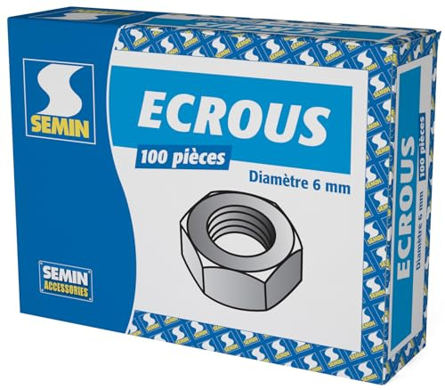 SEMIN Écrous Hexagonaux M6 en Acier Galvanisé – Boîte de 100 – Écrous Filetés Diamètre 6 mm pour Tiges Filetées – Fixation Rapide et Résistante – Qualité Professionnelle