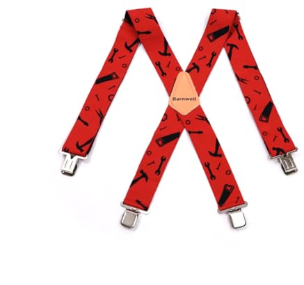 Barnwell Red Tool Trouser Braces Suspenders Heavy Duty Metal Clips 50mm Wide Adjustable Elastic Work Hammer Screwdriver Saw
