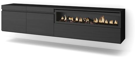 Skraut Home | TV-Schrank, Lowboard | für Wohnzimmer und Esszimmer | 200x45x35cm | Für TV-Geräte bis zu 80 | Elektrokamin. Maße | Hängend | Moderner Stil | Schwarz