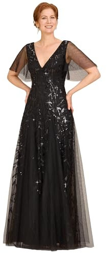 Ever-Pretty Women's V Neck Short Sleeve Elegant Floor Length A Line Long Tulle Evening Dresses Black 16UK