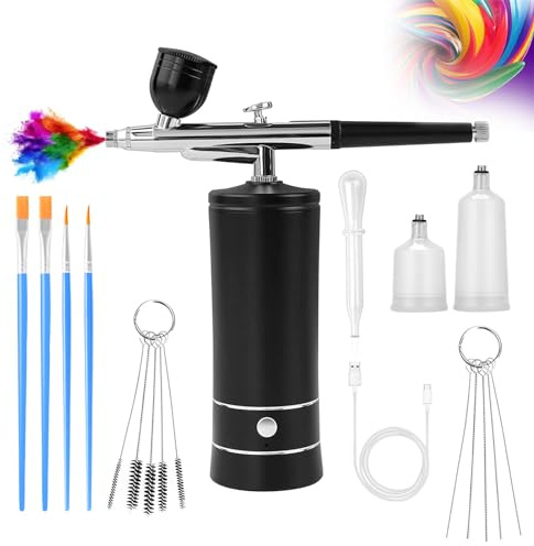 Airbrush-Kit Air Brush Kit with Airbrush Compressor Nail Charms Wireless Air Brush for Barber, Nail Art, Cake Decor, Makeup, Model Painting (Black)