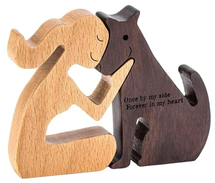 LOVIVER Mann und Hund Holzstatue, Hand Carved Wood Dog Human Statue, Handgefertigte Holzstatue, Welpen-Holzschnitzerei-Ornamente für Zuhause, Büro, Wohnzimmer, Hundeliebhaber, Bastelfigur
