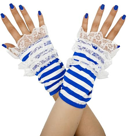 Think Jeck! Fingerlose Handschuhe Ringel Handstulpen mit Spitze UNISEX (Blau Weiß)