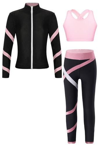 YiZYiF Kinder Eiskunstlauf Anzug Mädchen 3er Sport Oufit Langarmjacke Crop Tank Top Und Leggings Set Eislaufen Trainingsoutfit Tanzanzug Rosa_N 122-128