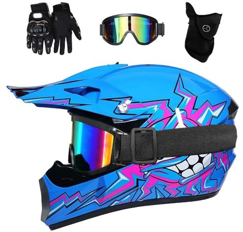 Erwachsene Kinder MTB Motocross-Helm Satz, mit Brille Handschuhe Maske, Jugend Volles Gesicht Offroad ATV Motorradhelm, Bergab Dirtbike MX Quad Bike Enduro Absturz Helm