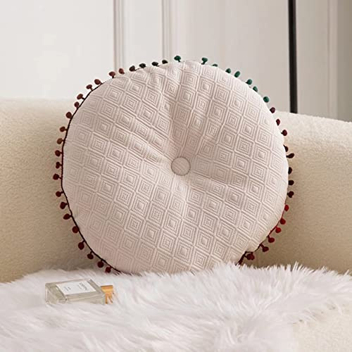 Generisch Weiches, dekoratives Bodenkissen, Bohemian-Wurfkissen, 16 x 16, für Bett, Wohnzimmer, rundes Boho-Kissen mit Bommel, elfenbeinfarben