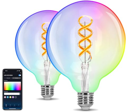 Aigostar Alexa Glühbirne E27，Alexa Lampe RGBW 4.9W 420LM, Smart Bulb G125 2700K, Smart Glühbirne Groß Kompatibel mit Alexa und Google Home, Wlan Glühbirne Warmes Licht, 2 Stücke