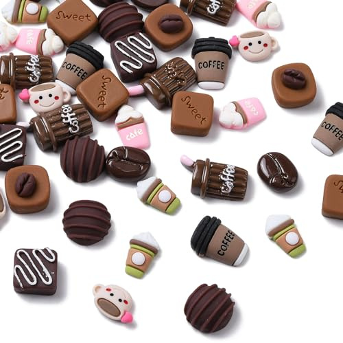 Stiesy 50 Stück 10 Stil Kaffee Thema Harz Cabochons Schokoladenfarbe Flache Rückseite Nagel Charms Braun Kaffeebohnen Tasse Schleim Charms Bulk zum Basteln von Haarspangen Dekor Zubehör