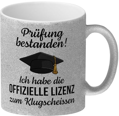 Doktorhut Prüfung bestanden Glitzer-Kaffeebecher mit Spruch Lizenz zum Klugscheißen Klugscheißer Schlaumeier Tasse Perfekt für Abitur Abschluss Schule Essen am Esstisch