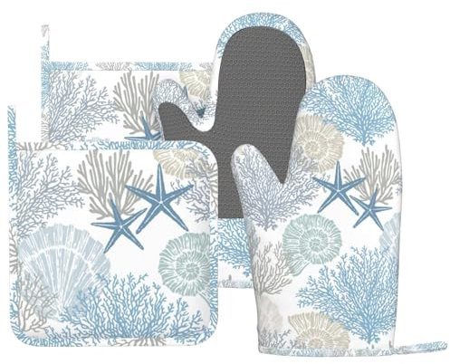 MIFSOIAVV Nautical Coastal Oven Mitts and Pot Holders Sets Silicone Starfish Seashell Coral Beach Themed Kitchen Mitts Potholders Heat Resistant 4Pcs Ocean Oven Gloves Hot Pads for BBQ Grilling,Blue