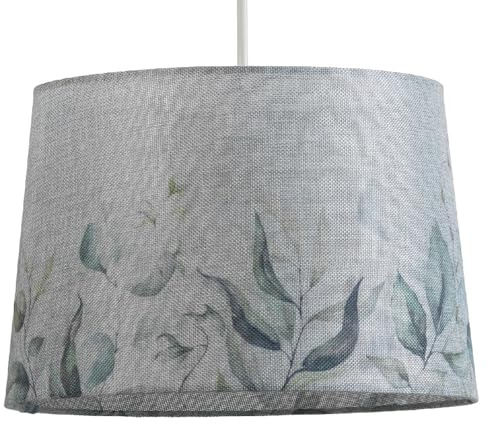 Grey Linen & Leaves Design Vintage Easy Fit Round Tapered Drum Shade | Clear Hard Lined | 30cm Diameter (12) | Reversible Gimbal | Pendants & Table Lamps | Fits All Lampholder Types E14 E27 B15 B22