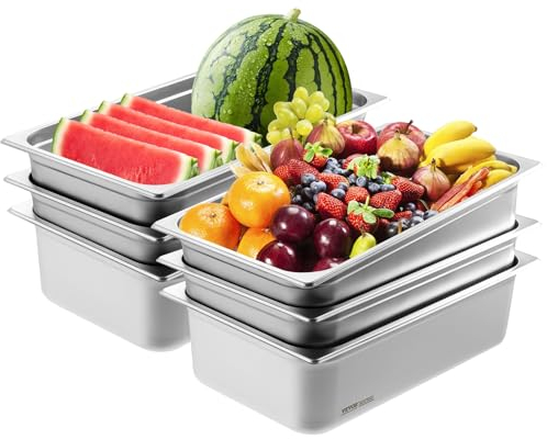 VEVOR Bac Gastronorme GN 1/1 Lot de 6, Récipient Inox pour Bain-marie 0,8 mm d'Épaisseur, Bac Inox Alimentaire 15 cm Profondeur, pour Fours à Convection, Réfrigérateurs, Stockage, Restauration