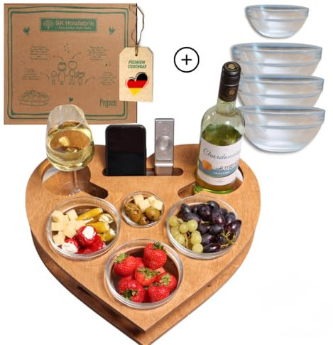 PEGSEN Herz Couchbar in Eiche - Couch Tablett mit 4 Glasschalen - Sofatablett für Snacks & Getränke [stabil & sicher] Snackbox inkl. Getränkehalter
