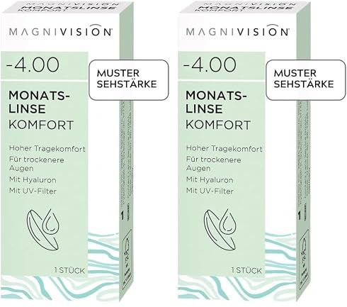 MAGNIVISION Monatslinse Komfort, weiche Kontaktlinsen für -3,75 dpt., Kontaktlinse mit Hyaluron und UV-Filter für empfindliche Augen, ohne Konservierungsstoffe (Packung mit 2)