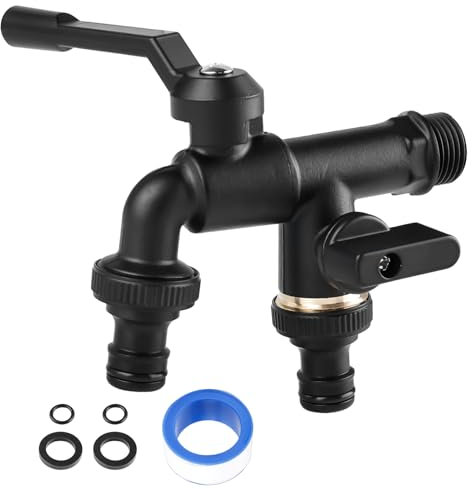 Grifo de jardín, grifo doble, grifo de agua exterior, resistente a las heladas, 1/2 pulgadas, de latón, grifo de lavadora, a prueba de óxido y heladas, con 2 salidas de 1/2 pulgadas, negro (20 mm)
