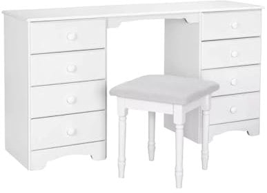 Dynamic24 Schminktisch Milano mit Hocker und 8 Schubladen B139xH76xT40cm Tisch Kosmetiktisch Frisiertisch Schreibtisch weiß Kiefer massiv