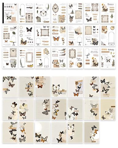 40 Blatt Scrapbooking Aufkleber Set, Ästhetische Scrapbooking Aufkleber Papier Pack, Selbstklebend Schmetterling Pflanzen Verschiedene Muster Sticker, für DIY Scrapbook Kalender Notizbuch ect.