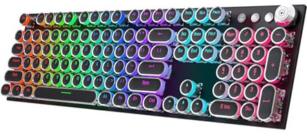 TISHLED Typewriter Style Mechanical Gaming Keyboard with Volume Knob Rainbow LED Backlit Full Size 104-Key Clicky Blue Switches Retro Steampunk Round Keycaps Wired USB, Black