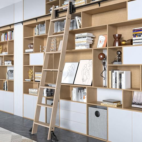 LKCBITION Escalera de madera de roble resistente de 87 pulgadas con rodillos superiores telescópicos de 4 pies y ruedas de freno inferiores, accesorios deslizantes, escalera de biblioteca rodante para