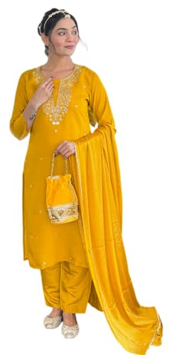 The Red Lion Enterprise Women's Designer Straight Kurti pant dupatta 3pc dress partywear Salwar Suit, Yellow 3, Large