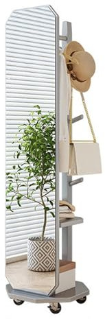 Miroir sur pied autoportant avec porte-manteau, miroir pleine longueur avec porte-manteau, miroir sur pied autoportant sur roulettes, cadre en bois massif 2 en 1, grand miroir de dressing po