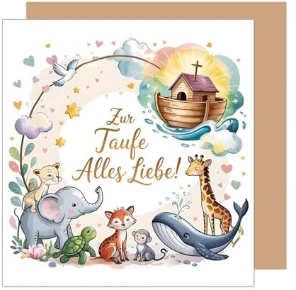 Edition Seidel Premium quadratische Glückwunschkarte zur Taufe mit Umschlag. Taufkarte Grußkarte Karte Taufkind Junge Mädchen Kinder Kind Tiere Arche Noah (ETQ118 SW025)