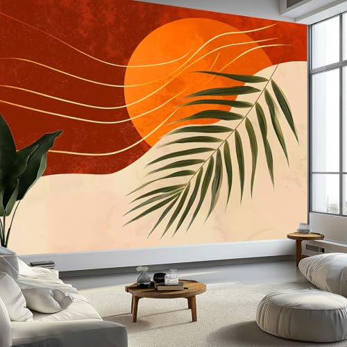 Générique Papier Peint Panoramique Style Bohème 3D Peinte Feuilles de Palmier Abstraites Rayures Intissé Murale, 250 x 175 cm (L x H) Photo Murale pour Salon Chambre d'enfants restaurant Décoration