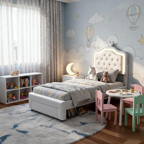 EZSSW Bett 90x200 cm mit Stauraum, Einzelbett mit verstellbarem gepolstertem Kopfteil, Metallrahmen mit Lattenrost und Metallschublade, PU-Bezug, Weiß, ohne Matratze