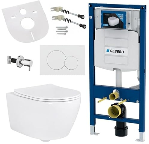 Belvit Hänge WC Komplett Set mit Bidet Funktion, Wand Toilette Weiß Taharet und UP320 Vorwandelement, Schallschutz, Absperrventil, spülrandlose Keramik, WC Sitz mit Absenkautomatik & Drückerplatte