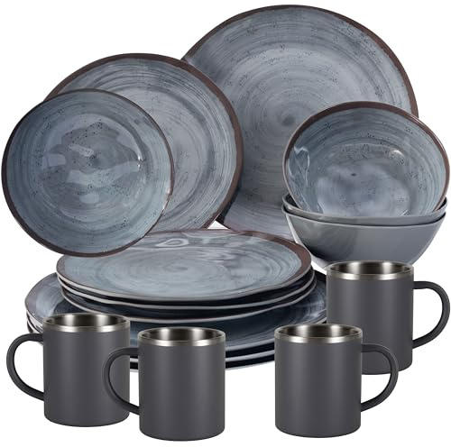 Melamin Geschirr Set Grau Edelstahl Thermo Tassen Tonoptik Picknick Camping