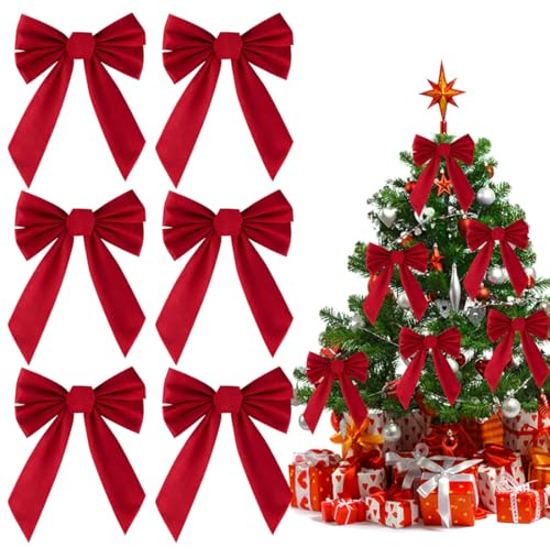 Rote Weihnachtsschleife Groß 6er Set, 34x26cm Edle Weihnachtsschleifen aus Samt für Weihnachtsbaum & Türkranz, Große Rote Schleifen als Deko - Luxuriös, Wiederverwendbar, Festlich (Groß 6er Set)