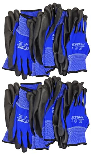 SAFETREE Arbeitshandschuhe 12 Paar – EN388 zertifiziert, 15-Nadel PU-beschichtete Nylonhandschuhe, Abriebfest & Schnittschutz, CE Cat. II (9/L)