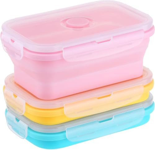 LOLANIUT – Juego de 3 cuencos plegables (500 ml) – Recipientes de silicona plegables para alimentos con tapa – Cajas de almacenamiento para la oficina, la escuela, viajes y camping