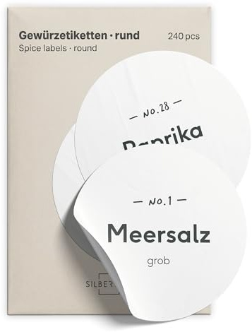 SILBERTHAL Gewürzgläser Etiketten Set (240 Stück) Rund | Wasserfest & selbstklebend, 180 vorgedruckt + 60 blanko, rückstandslos ablösbar & wiederverwendbar, 2 Größen ( Ø 4 cm / 30×15