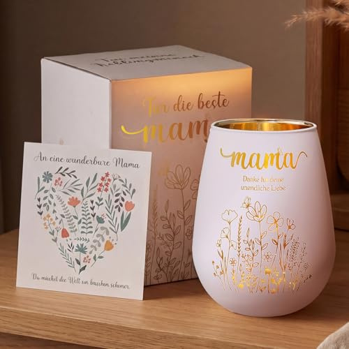 Muttertagsgeschenk für Mama - Windlicht mit Gold innen, blumigem Design, Grußkarte und Geschenkbox, Teelichthalter als liebevolle Geschenkidee