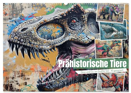Prähistorische Tiere (Wandkalender 2026 DIN A2 quer), CALVENDO Monatskalender: Ausgestorbene Tierarten im coolen Graffiti Stil - KI generiert (CALVENDO Tiere)