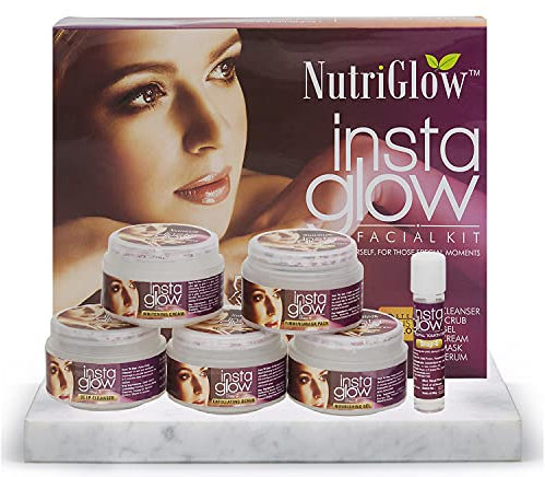 Nutriglow Insta Glow Facial Kit 6-Pieces Skin Care Set with Deep Cleanser, Scrub, Nourishing Gel, Whitening Cream, Mask Pack and Serum, Acne Prone Tan Treatment for Bright Skin, 250 gm + 10 Ml