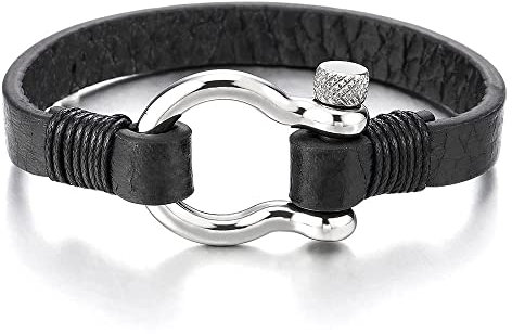 COOLSTEELANDBEYOND Acero Tornillo Grillete del Ancla, Pulsera del Abrigo Negro Cuero Hombre Mujer, Náutico Marinero Tejido