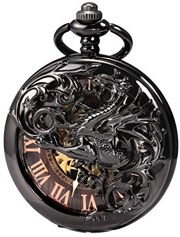 TREEWETO Unisex Taschenuhr mit Kette Analog Handaufzug Doppelscharnier Antik Drache Skelett Schwarz Holz Maserung