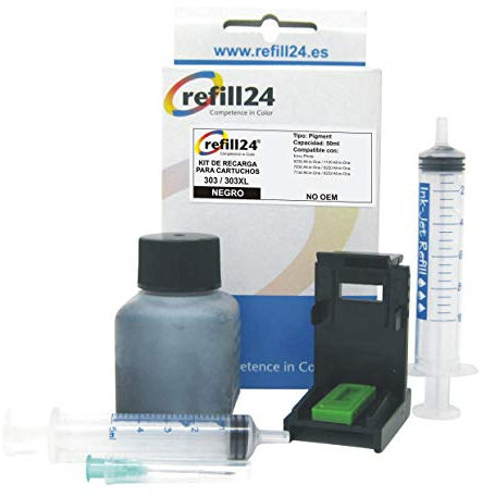 refill24 Nachfüllset: Nachfülltinte 50 ml kompatibel für Druckerpatronen HP 303, 303 XL Schwarz + Zubehör + Anleitung, Refillset mit Druckertinte für Tango X, Envy Photo All-in-One 6230