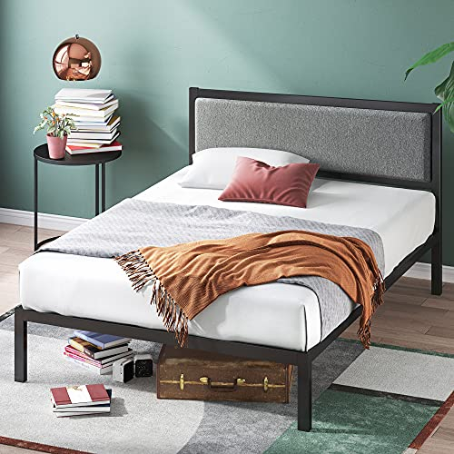Zinus Korey Bett 90x200 cm - Höhe 36 cm mit Stauraum unter dem Bett - Metall Plattform Bettgestell mit gepolstertem Kopfteil - Schwarz und Grau
