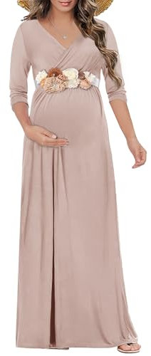 Kim S Umstands-Maxikleid mit Blumenschärpe, gewickelter/gerüschter V-Ausschnitt für Fotoshootings, Babypartys, Größe S–3XL, X-Groß