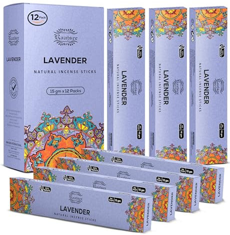 raajsee Lavendel Natürlich Räucherstäbchen 15 g x 12 Packung 100% Rein Organisch Handgerollt, Frei Von Chemikalien, Perfekt Für Die Kirche, Aromatherapie, Meditation, Positivität