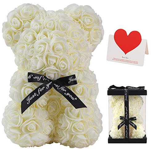 LINKLO Rose Bear Rose Teddy Bear -10 inch Artificial Rose Flower Bear, Gift for Valentines Day, Wedding, Mothers Day and Anniversary, Including Transparent Gift Box (Milky White)